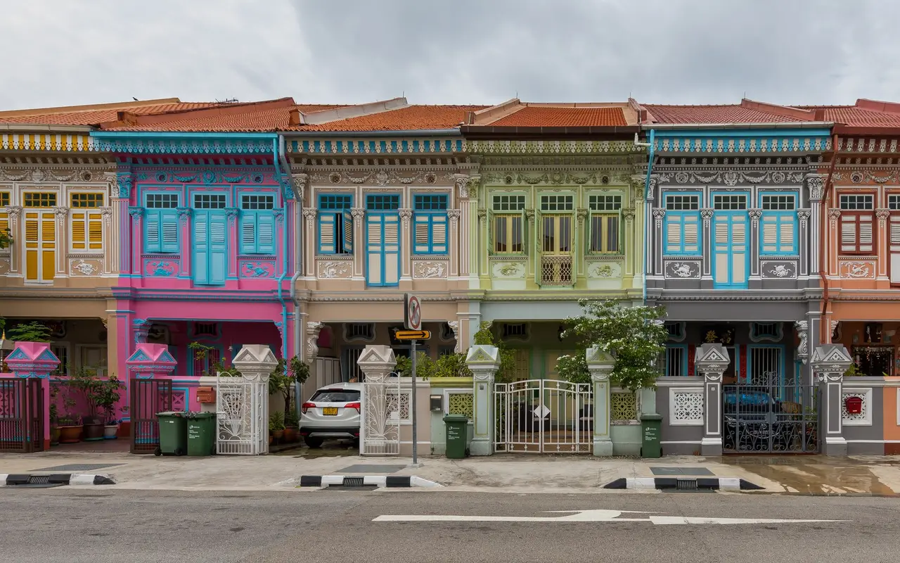 A row of colourful Peranakan shophouses on Koon Seng Road, Singapore