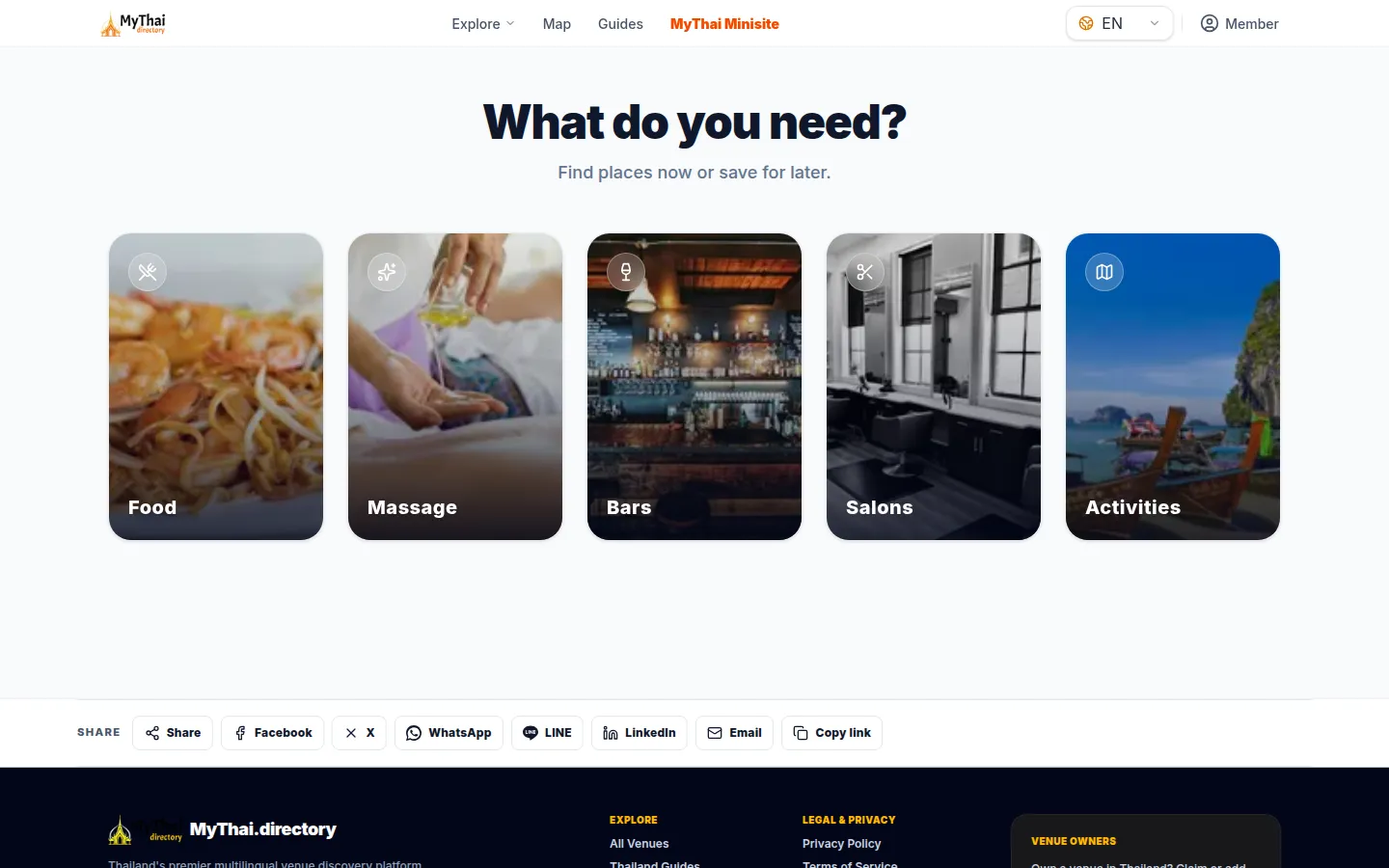 The MyThai.Directory homepage in English: a grid of categories for food, massage, bars, salons and activities
